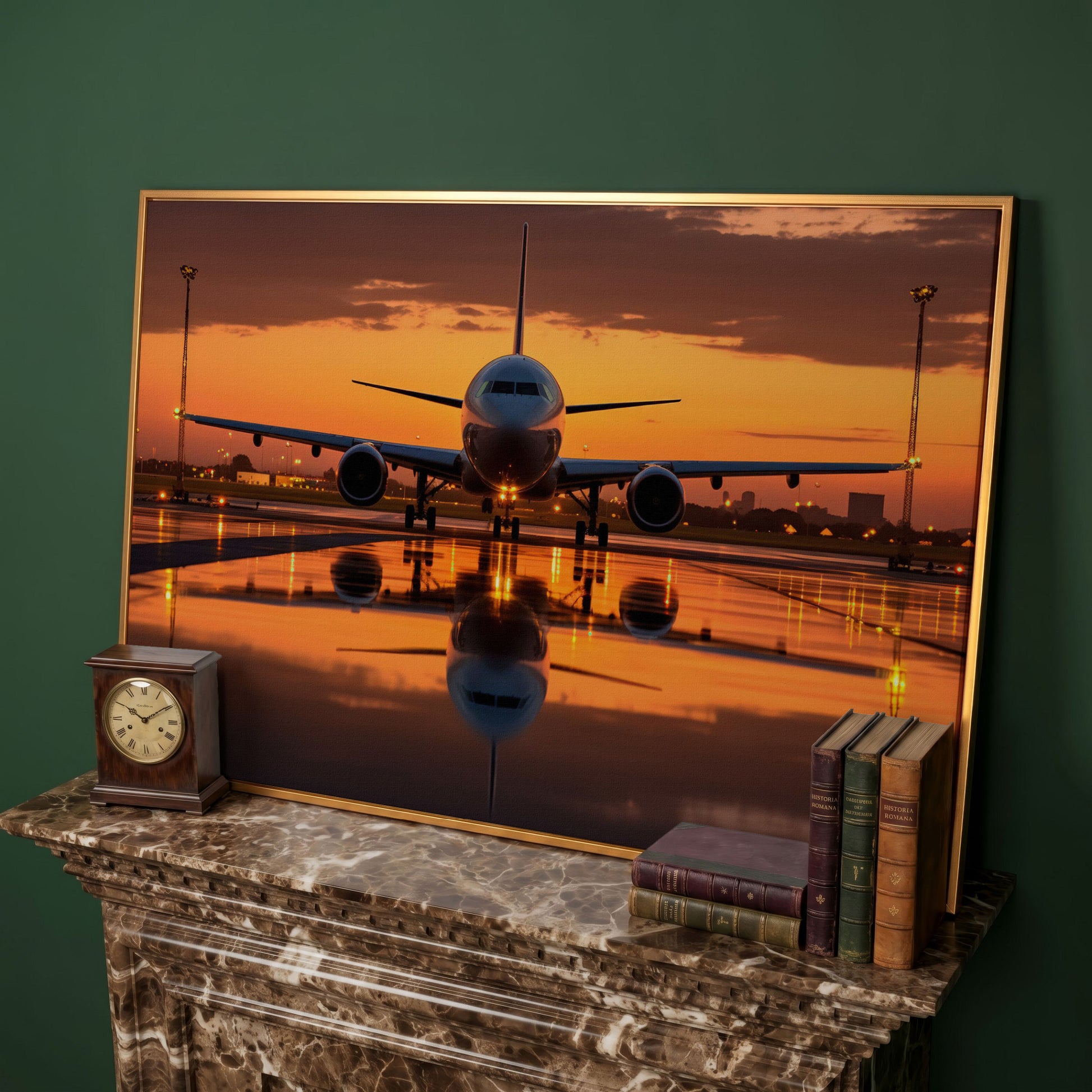 Passenger Plane at Dusk Canvas Wall Art in antique gold floating frame