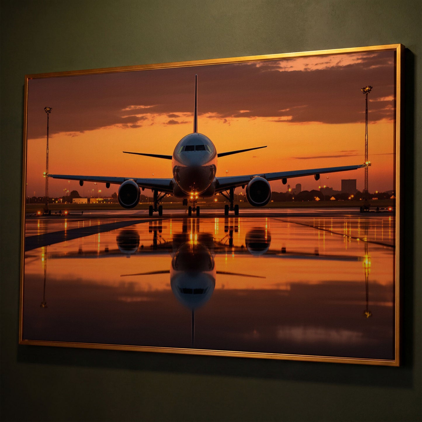 Passenger Plane at Dusk Canvas Wall Art shown in antique gold floating frame