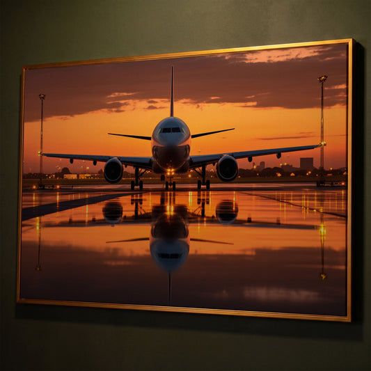Passenger Plane at Dusk Canvas Wall Art shown in antique gold floating frame