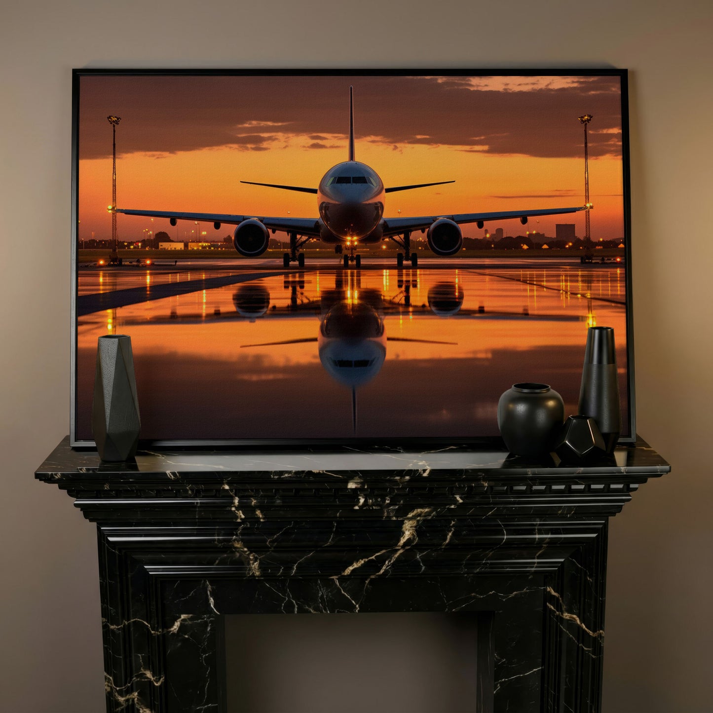 Passenger Plane at Dusk Canvas Wall Art in black floating frame