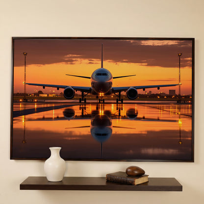 Passenger Plane at Dusk Canvas Wall Art in dark walnut floating frame