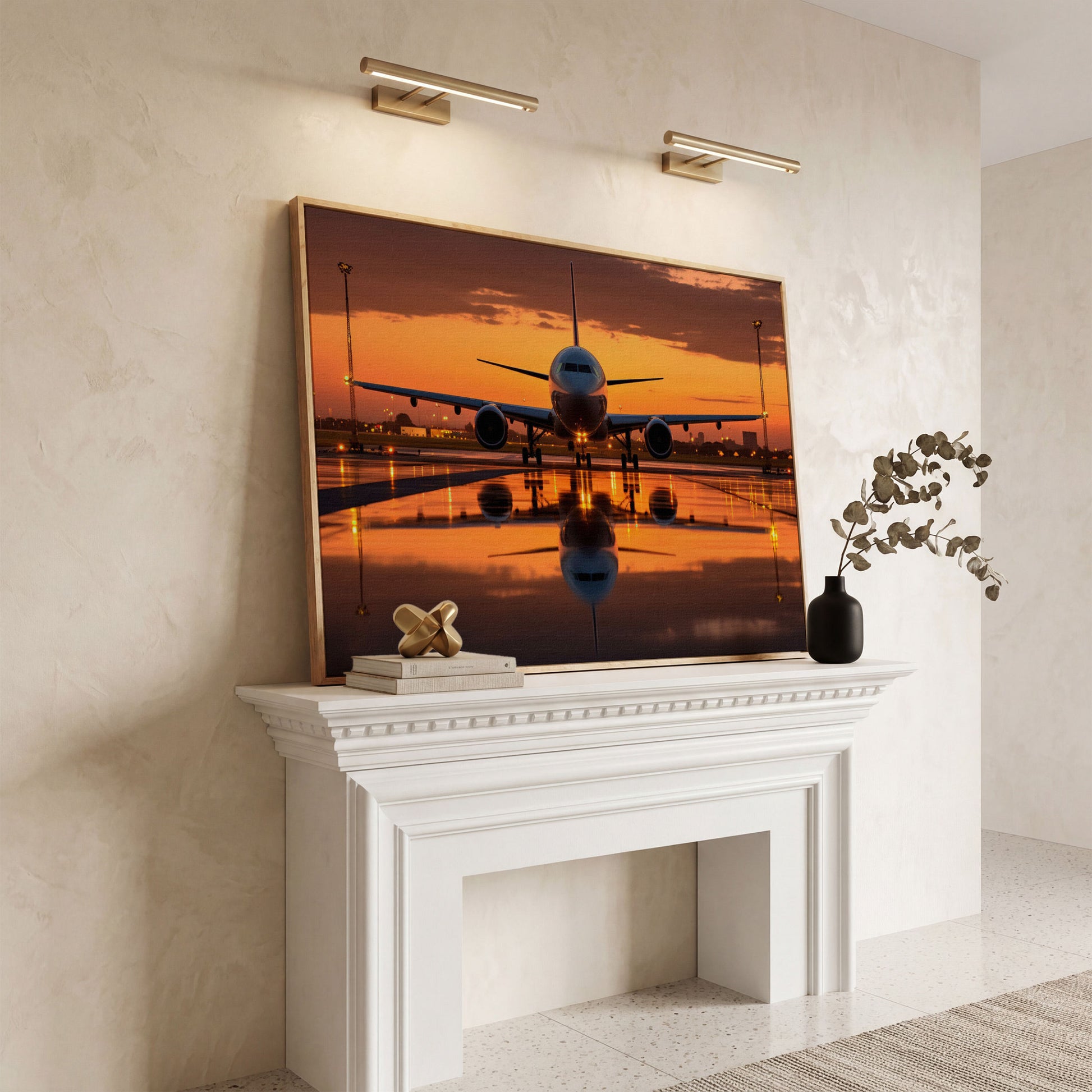 Passenger Plane at Dusk Canvas Wall Art in white oak floating frame