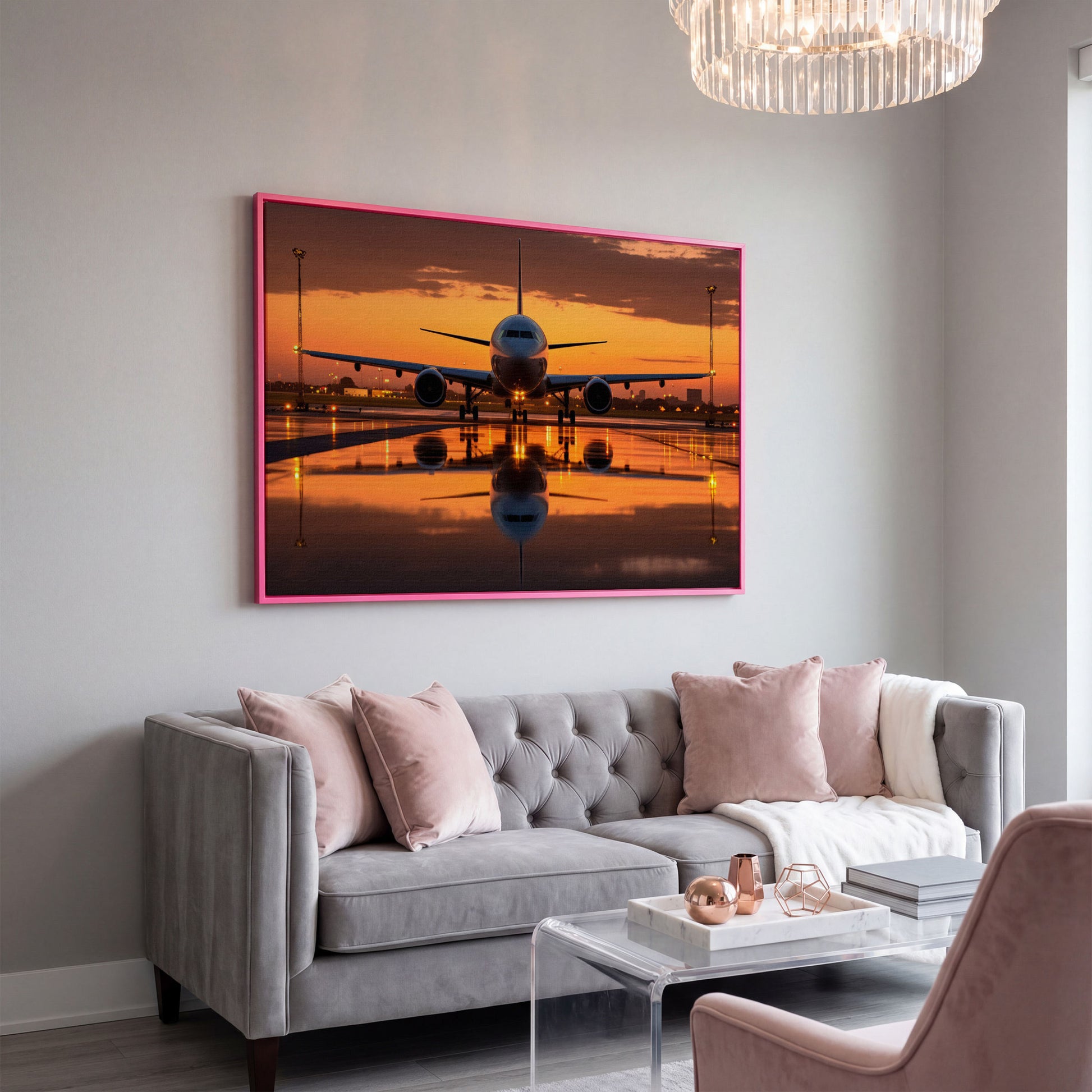 Passenger Plane at Dusk Canvas Wall Art in pink floating frame
