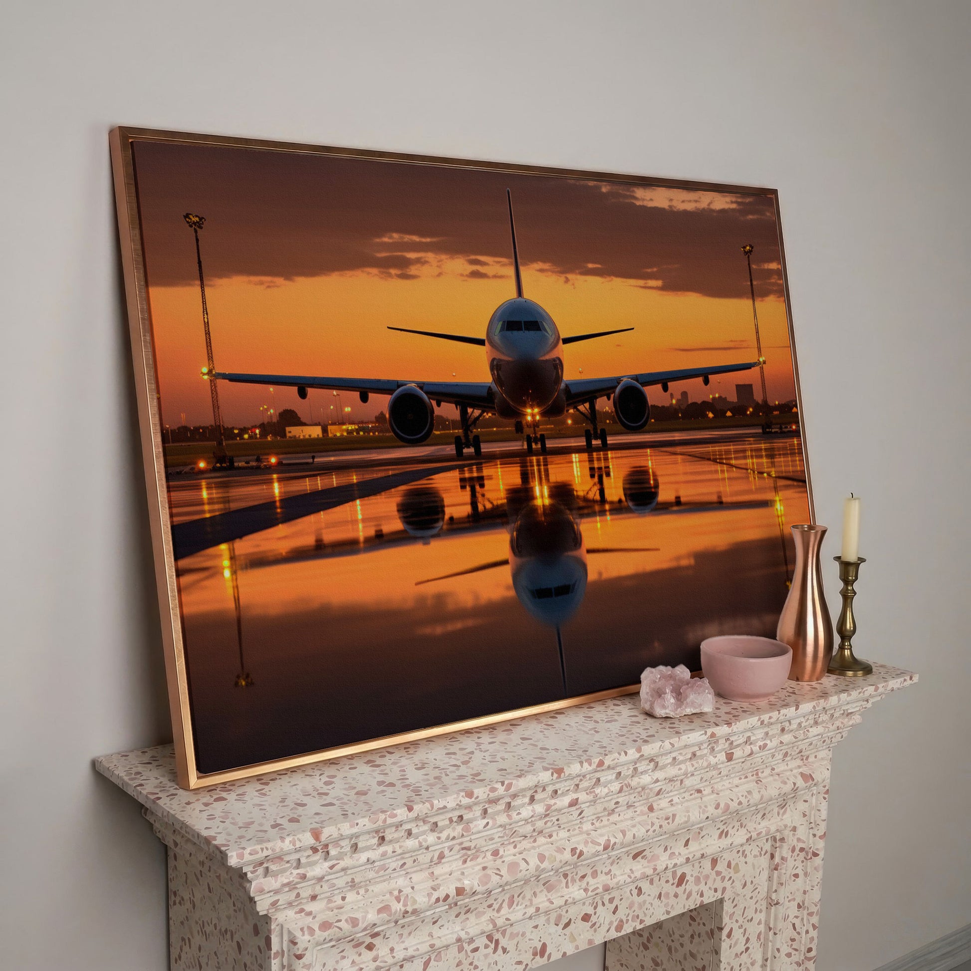 Passenger Plane at Dusk Canvas Wall Art in rose gold floating frame