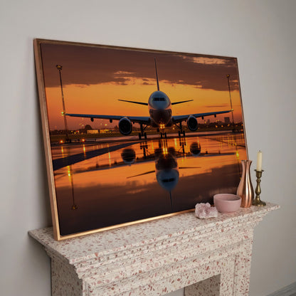 Passenger Plane at Dusk Canvas Wall Art in rose gold floating frame