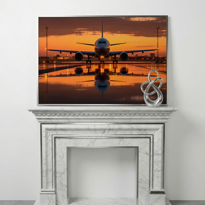 Passenger Plane at Dusk Canvas Wall Art in silver floating frame