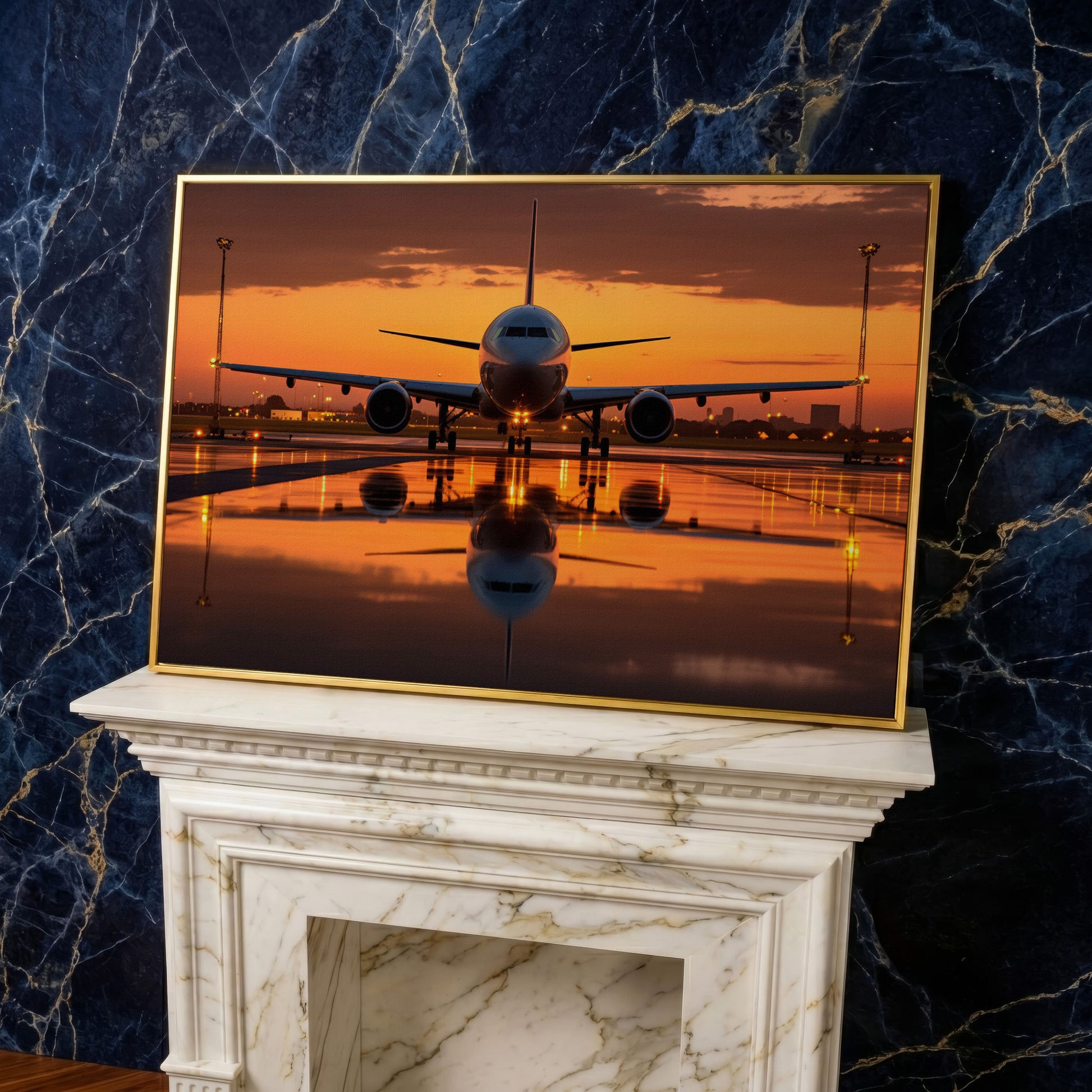 Passenger Plane at Dusk Canvas Wall Art in yellow gold floating frame
