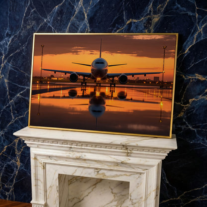 Passenger Plane at Dusk Canvas Wall Art in yellow gold floating frame