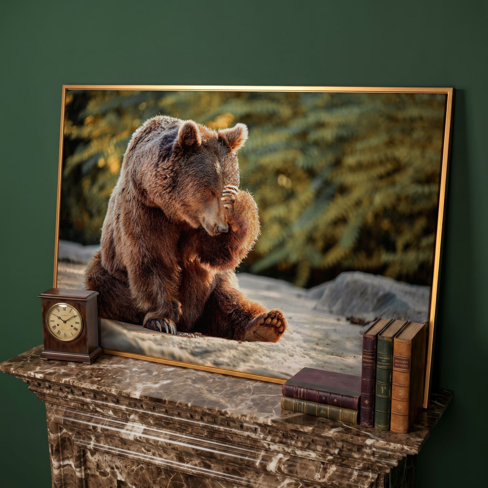 Bear with Paw on Head Wildlife Canvas in antique gold floating frame