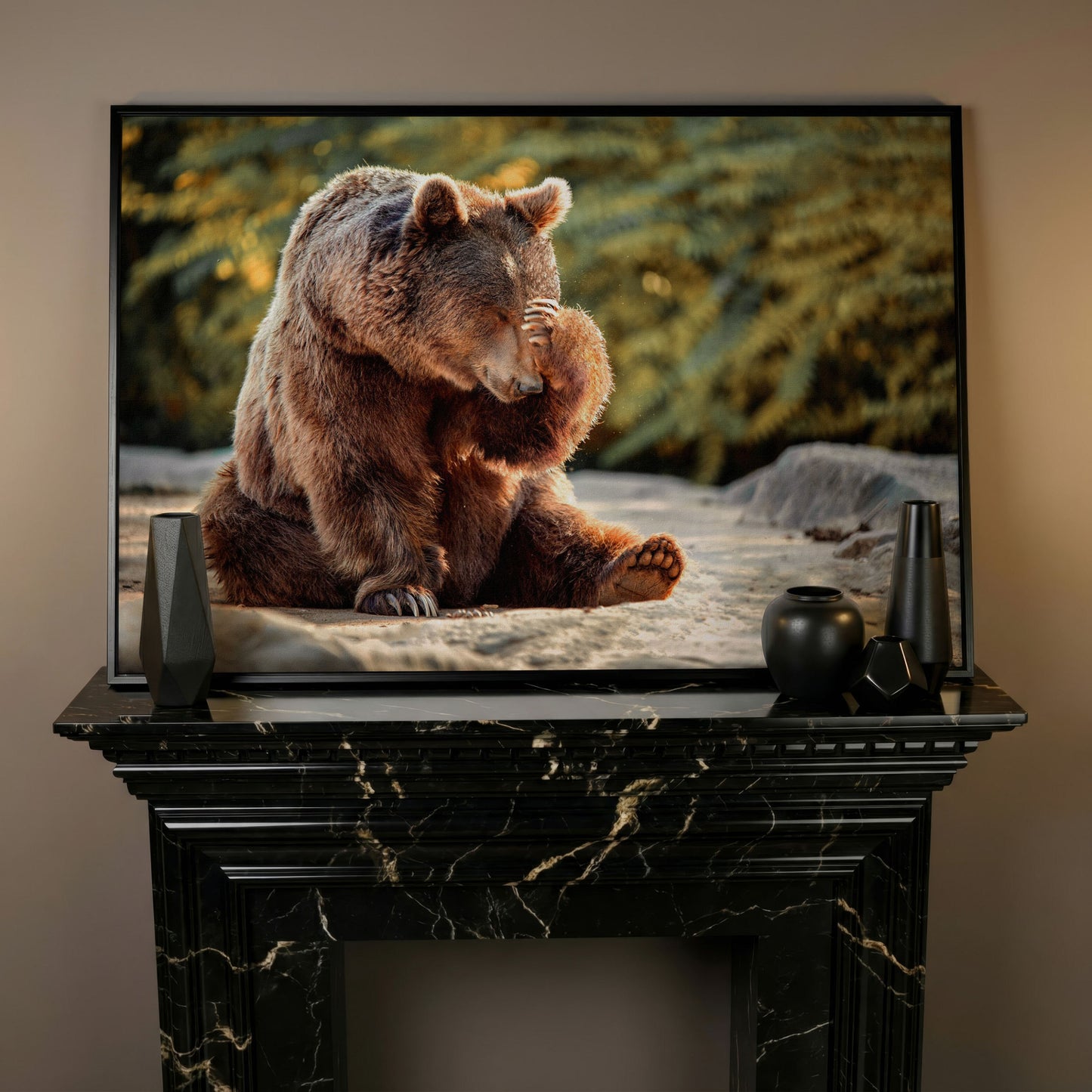 Bear with Paw on Head Wildlife Canvas in black floating frame