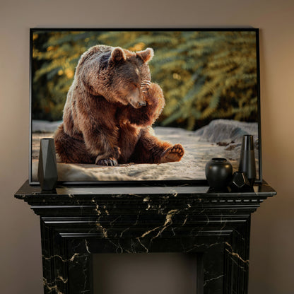 Bear with Paw on Head Wildlife Canvas in black floating frame