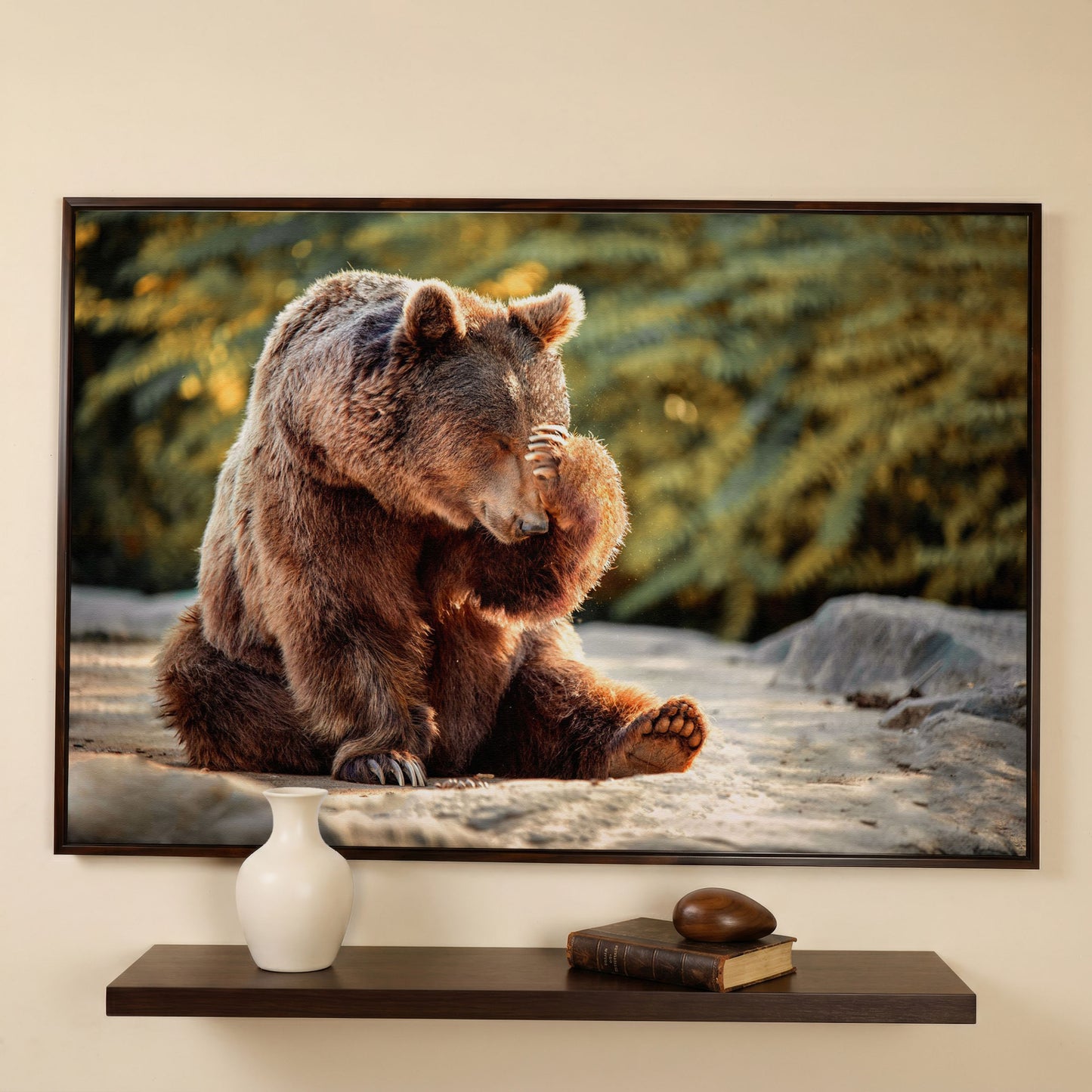 Bear with Paw on Head Wildlife Canvas in dark walnut floating frame