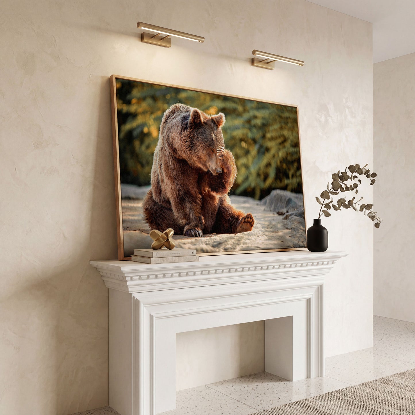 Bear with Paw on Head Wildlife Canvas in white oak floating frame