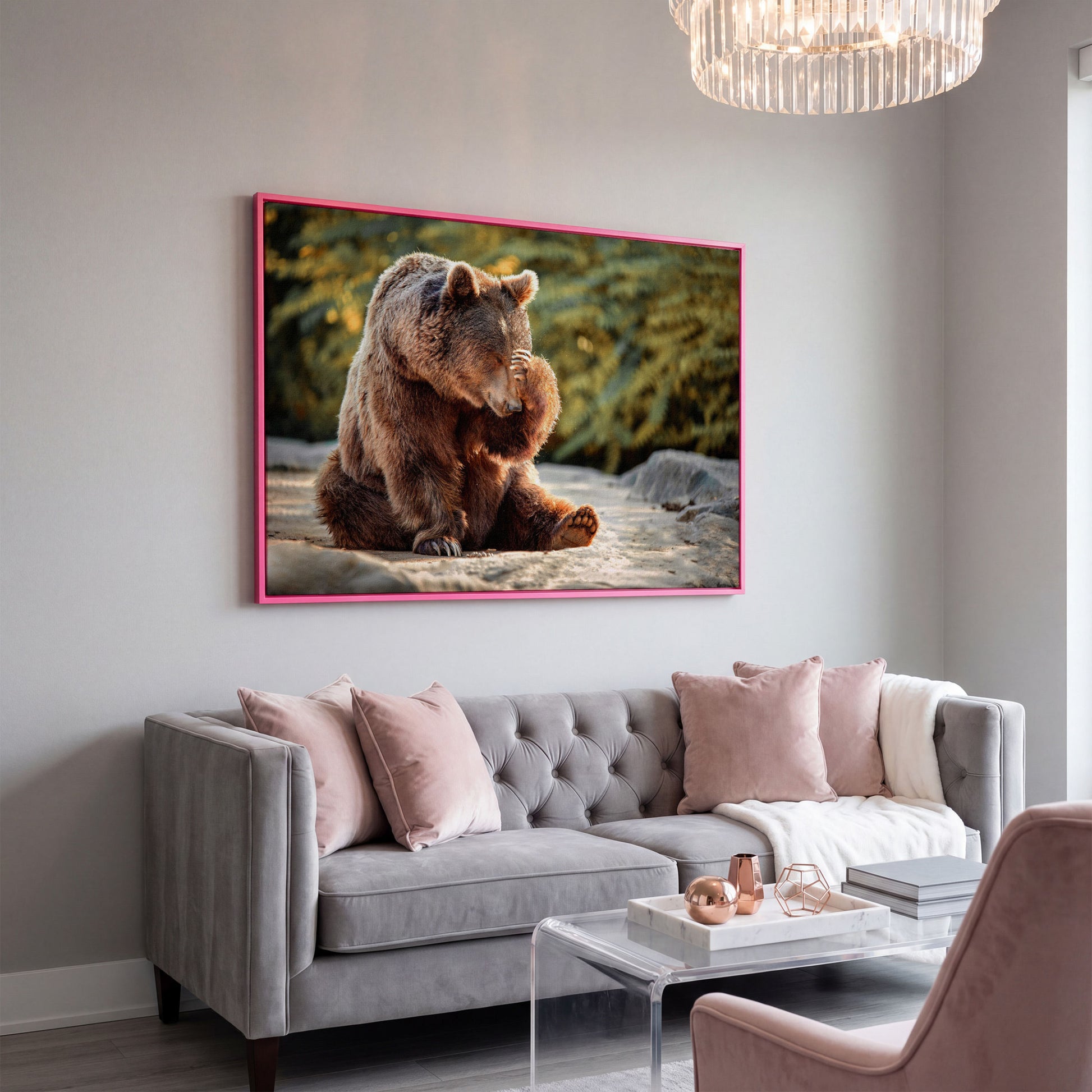 Bear with Paw on Head Wildlife Canvas in pink floating frame