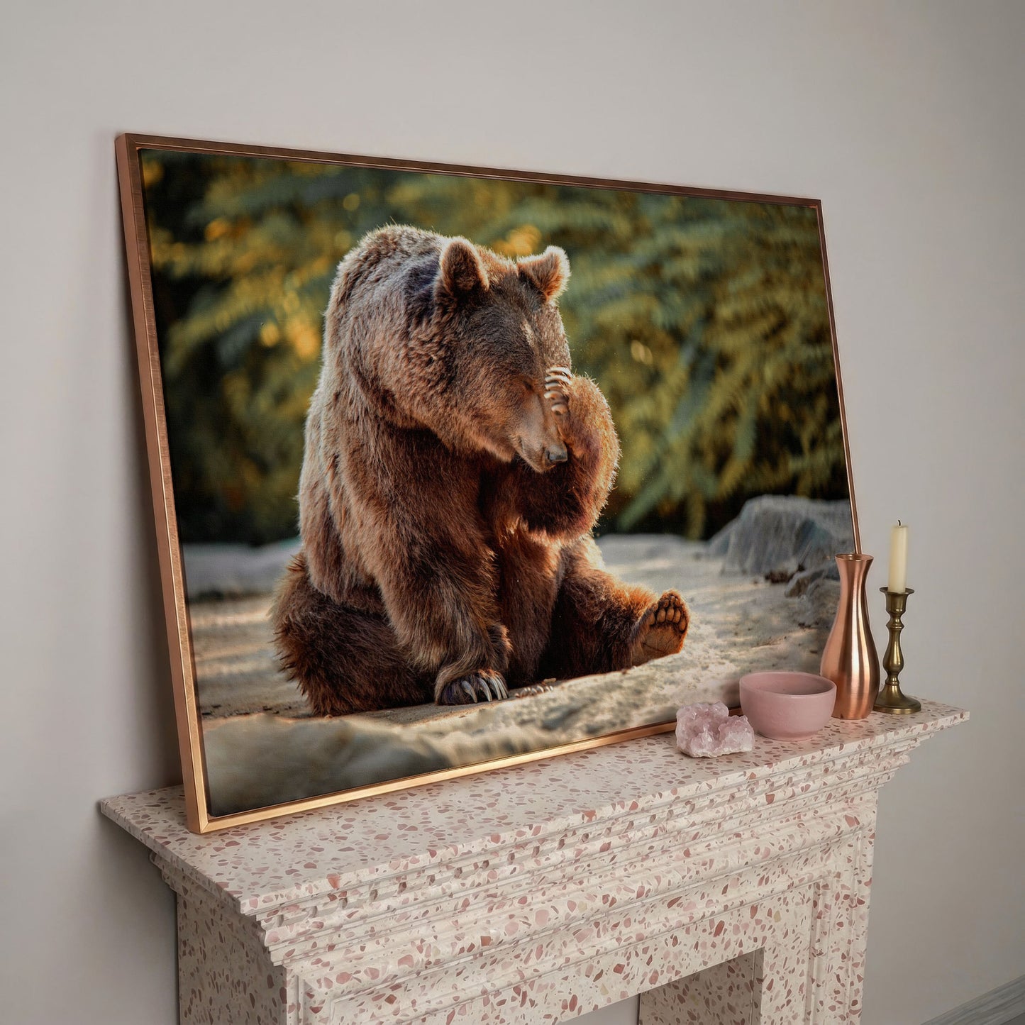 Bear with Paw on Head Wildlife Canvas in rose gold floating frame