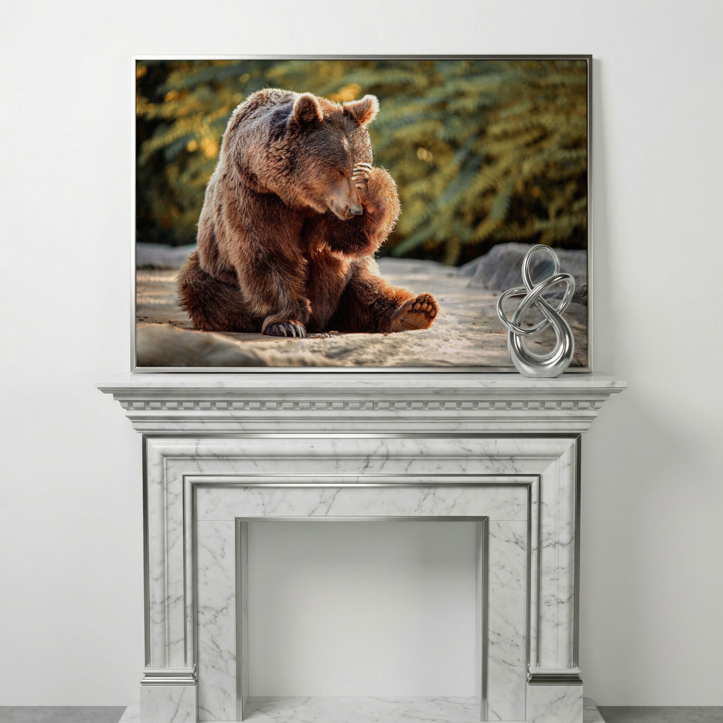 Bear with Paw on Head Wildlife Canvas in silver floating frame
