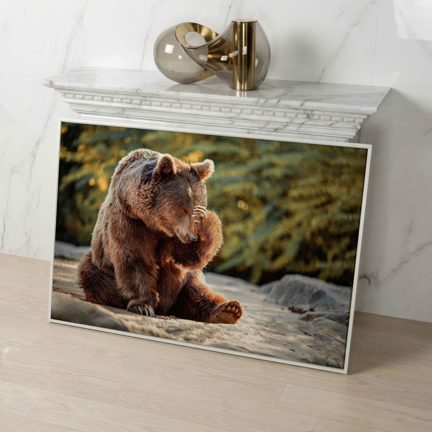 Bear with Paw on Head Wildlife Canvas in white floating frame