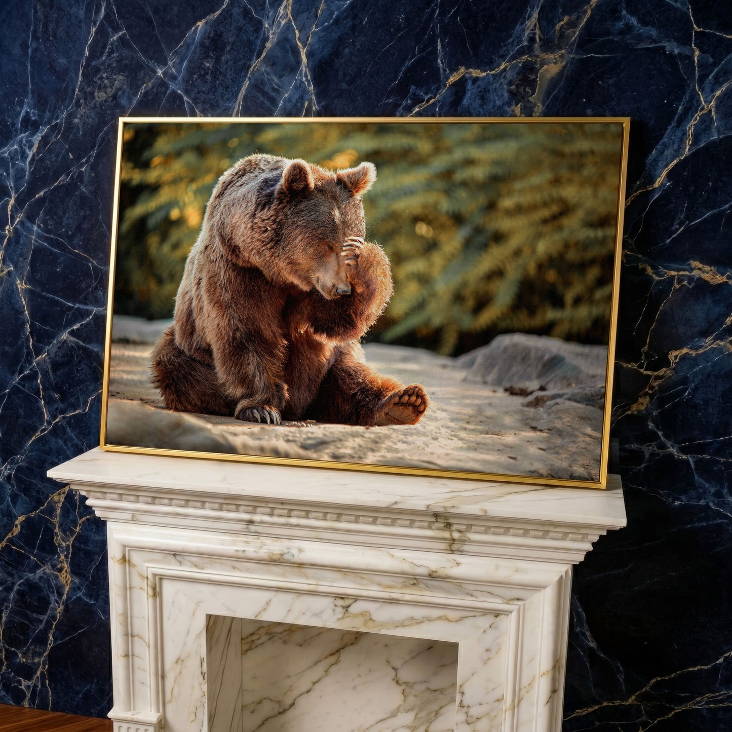 Bear with Paw on Head Wildlife Canvas in yellow gold floating frame