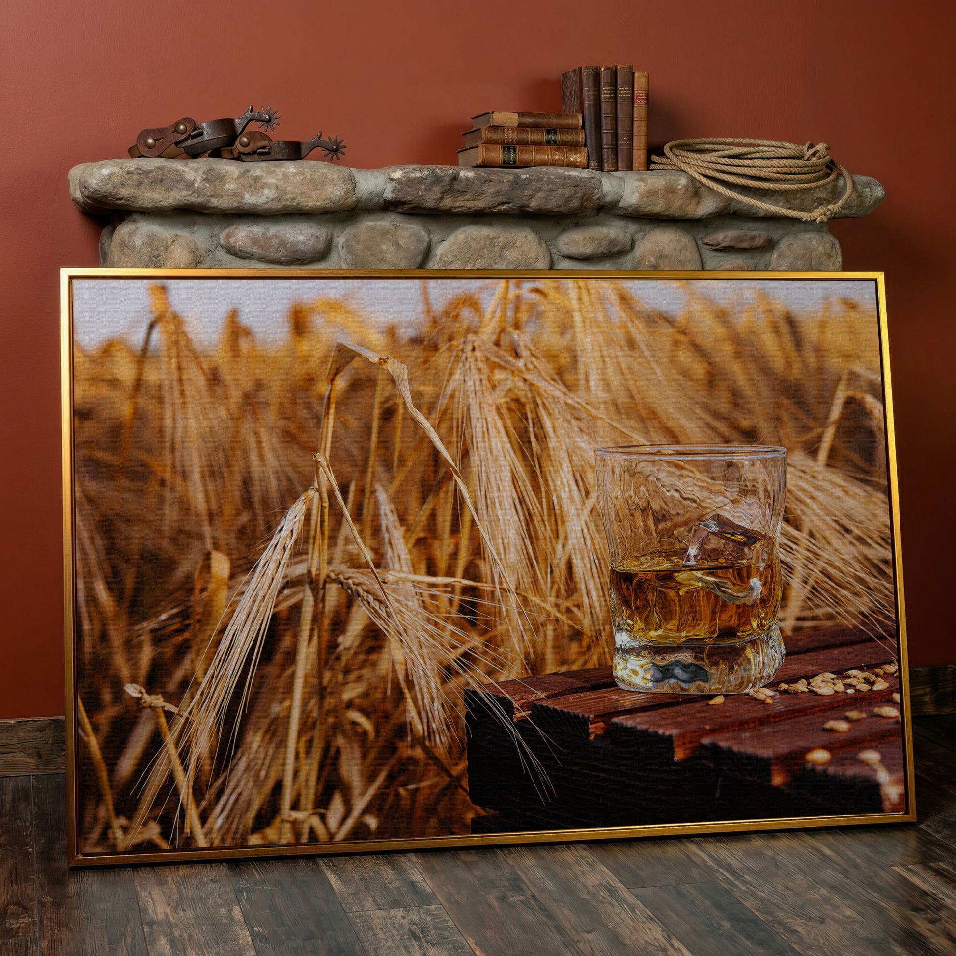 Golden Field with Whiskey Glass Canvas in antique gold floating frame