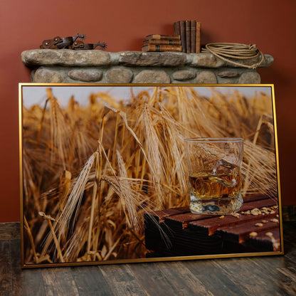 Golden Field with Whiskey Glass Canvas in antique gold floating frame