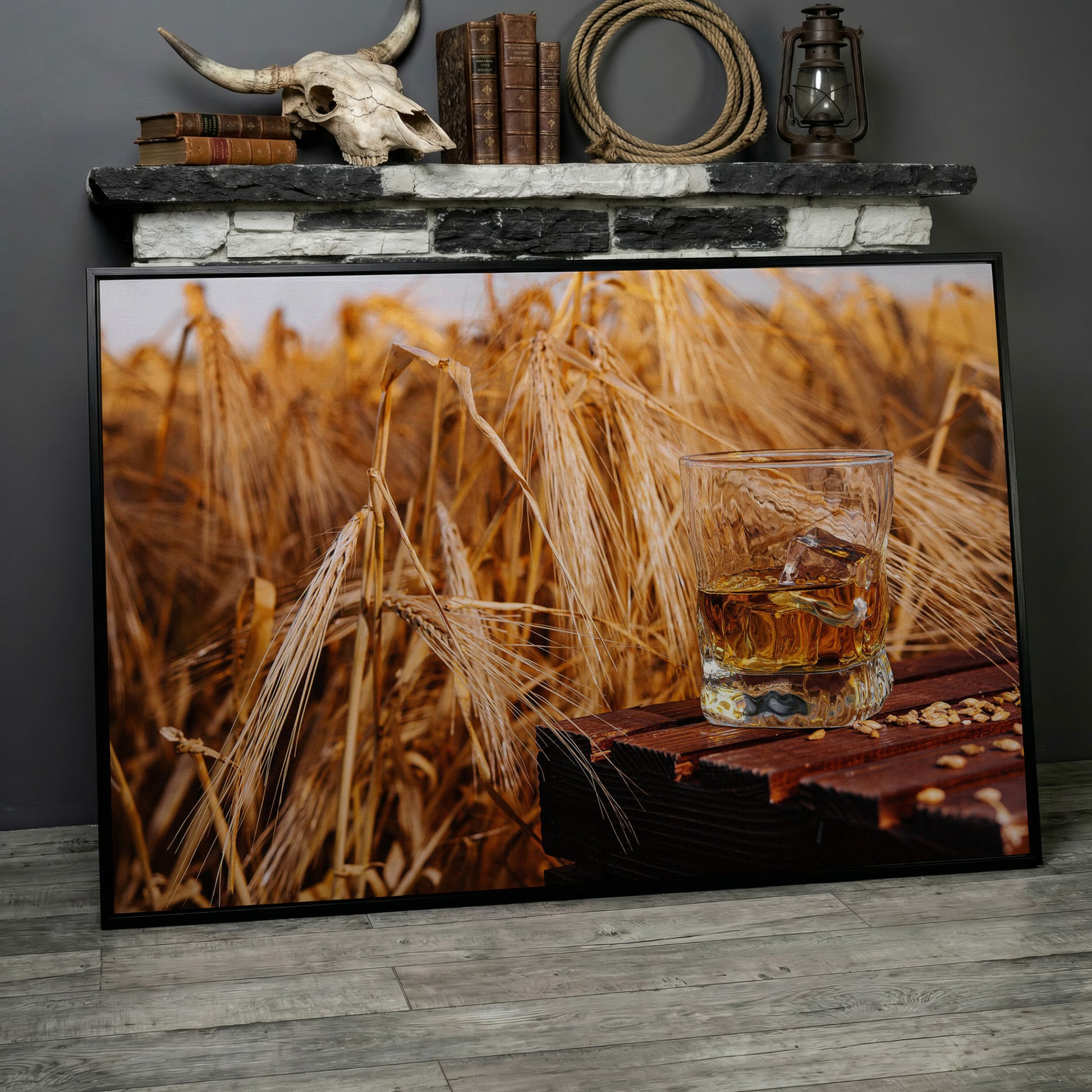Golden Field with Whiskey Glass Canvas in black floating frame