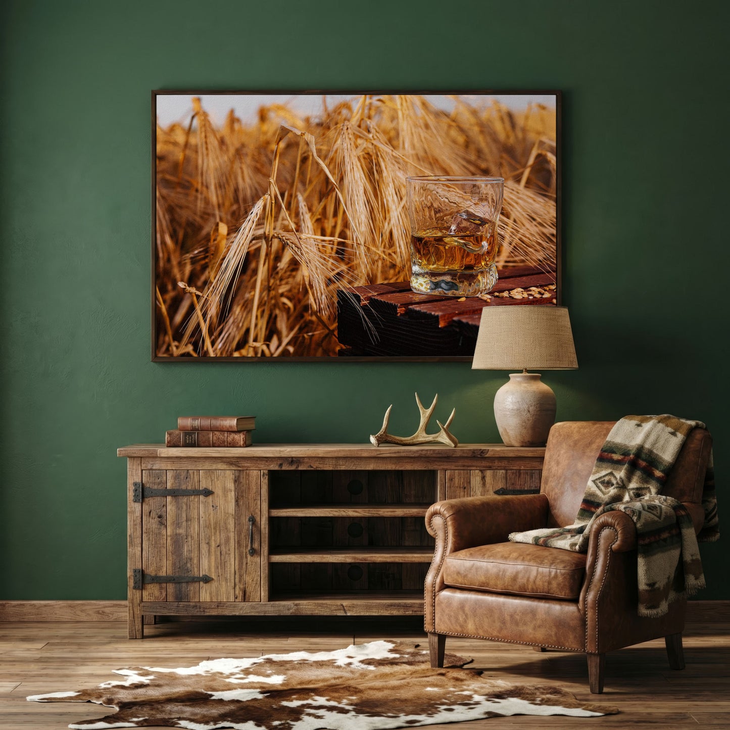 Golden Field with Whiskey Glass Canvas in dark walnut floating frame