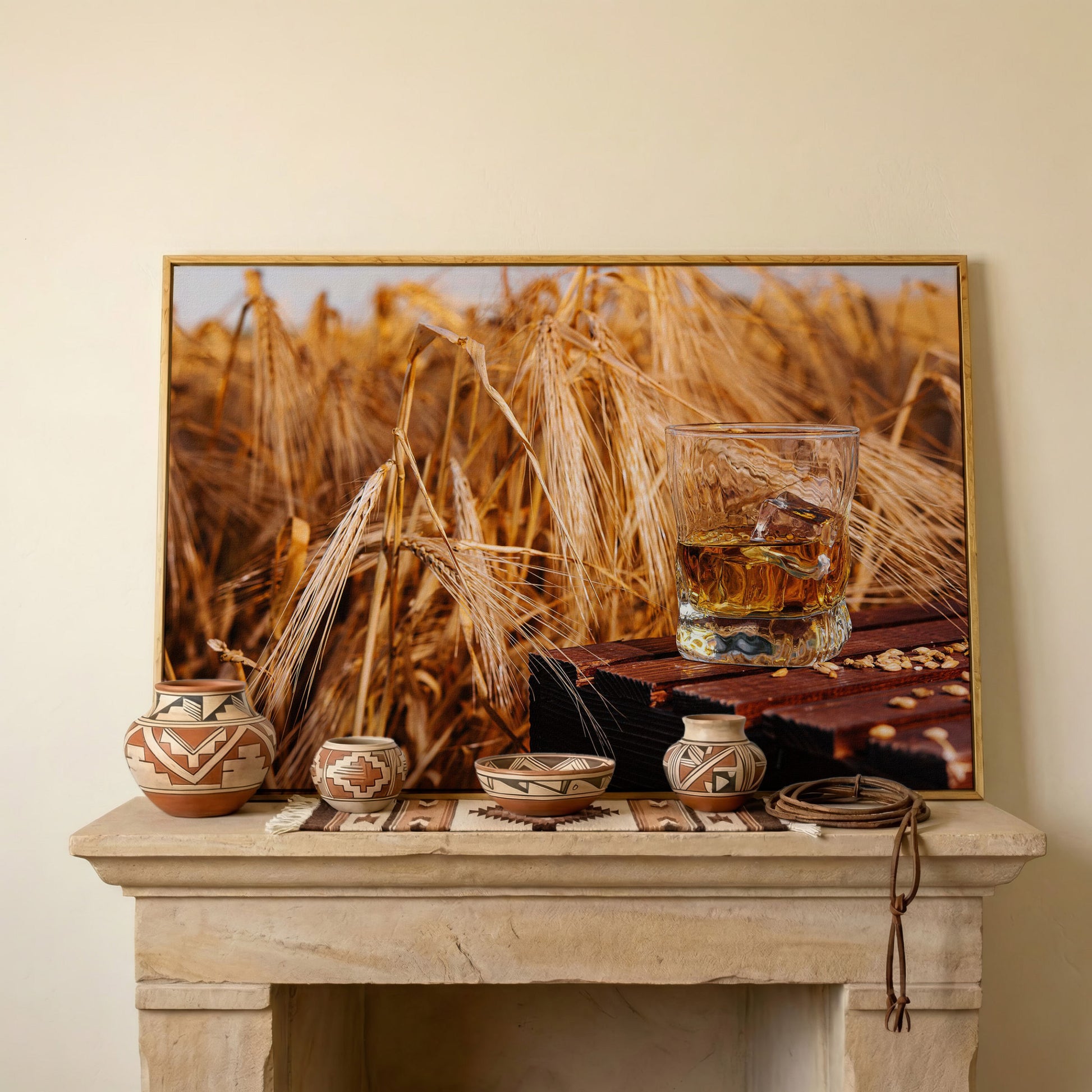Golden Field with Whiskey Glass Canvas in white oak floating frame