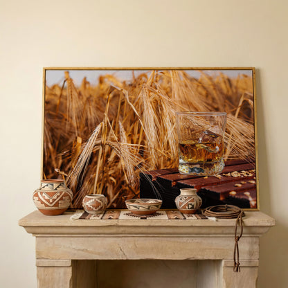 Golden Field with Whiskey Glass Canvas in white oak floating frame