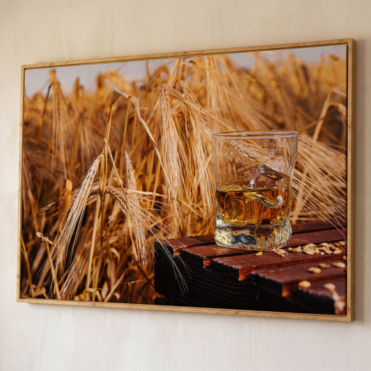 Golden Field with Whiskey Glass Canvas shown in white oak floating frame