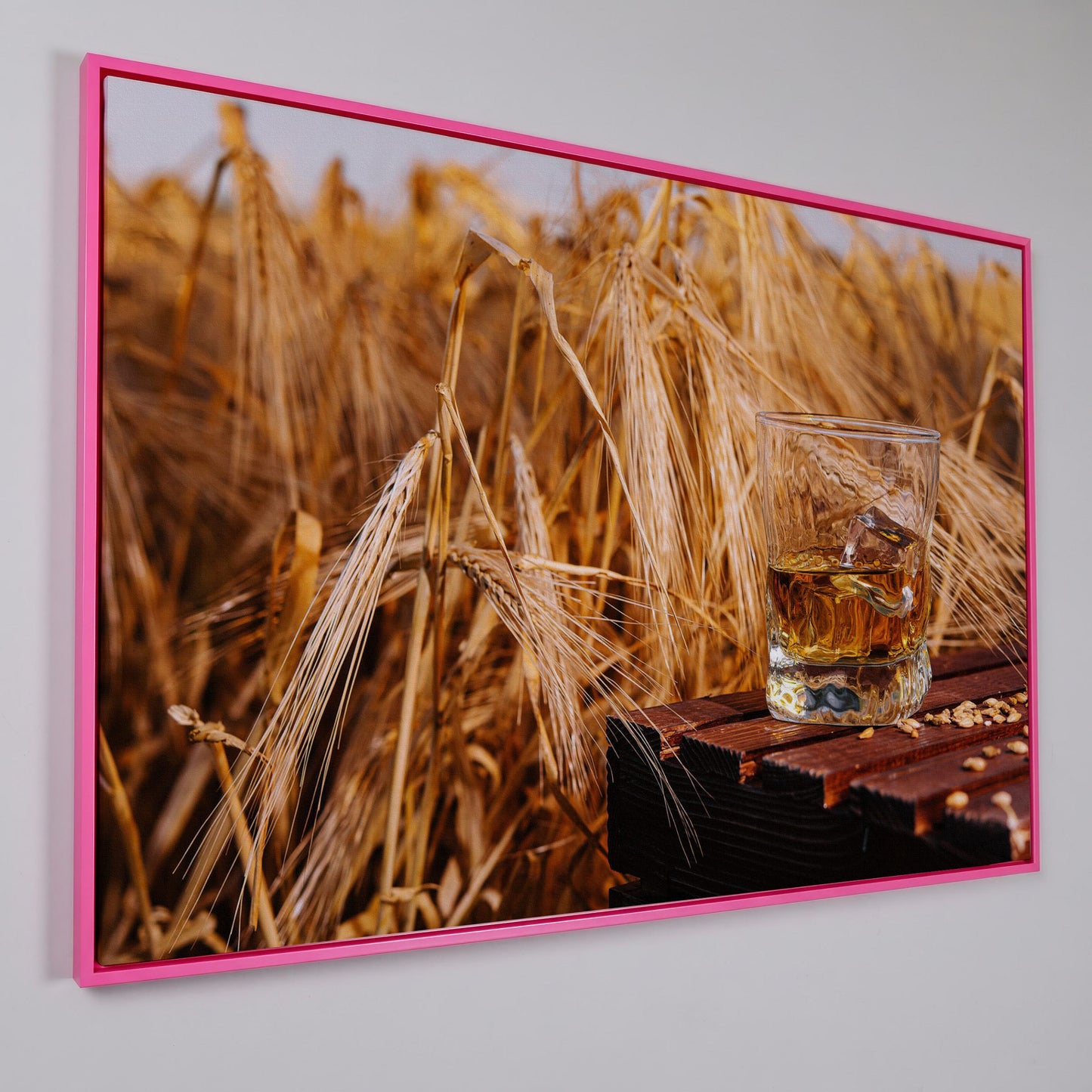 Golden Field with Whiskey Glass Canvas in pink floating frame