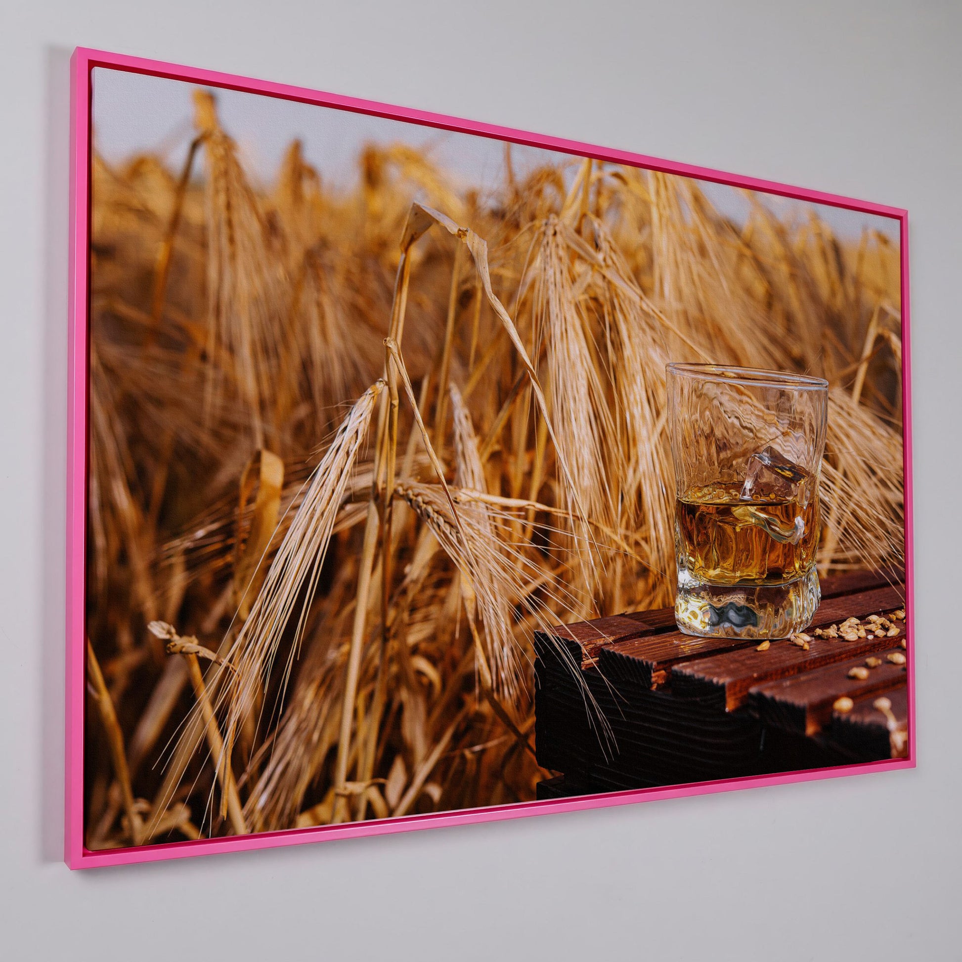Golden Field with Whiskey Glass Canvas in pink floating frame
