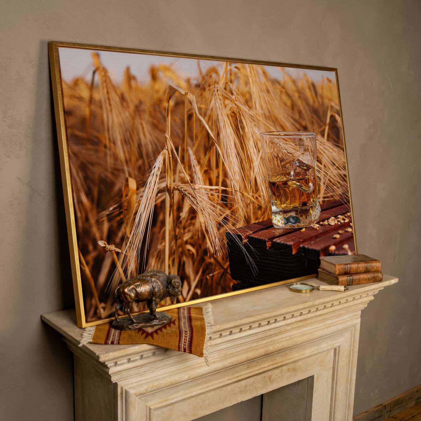 Golden Field with Whiskey Glass Canvas in rose gold floating frame