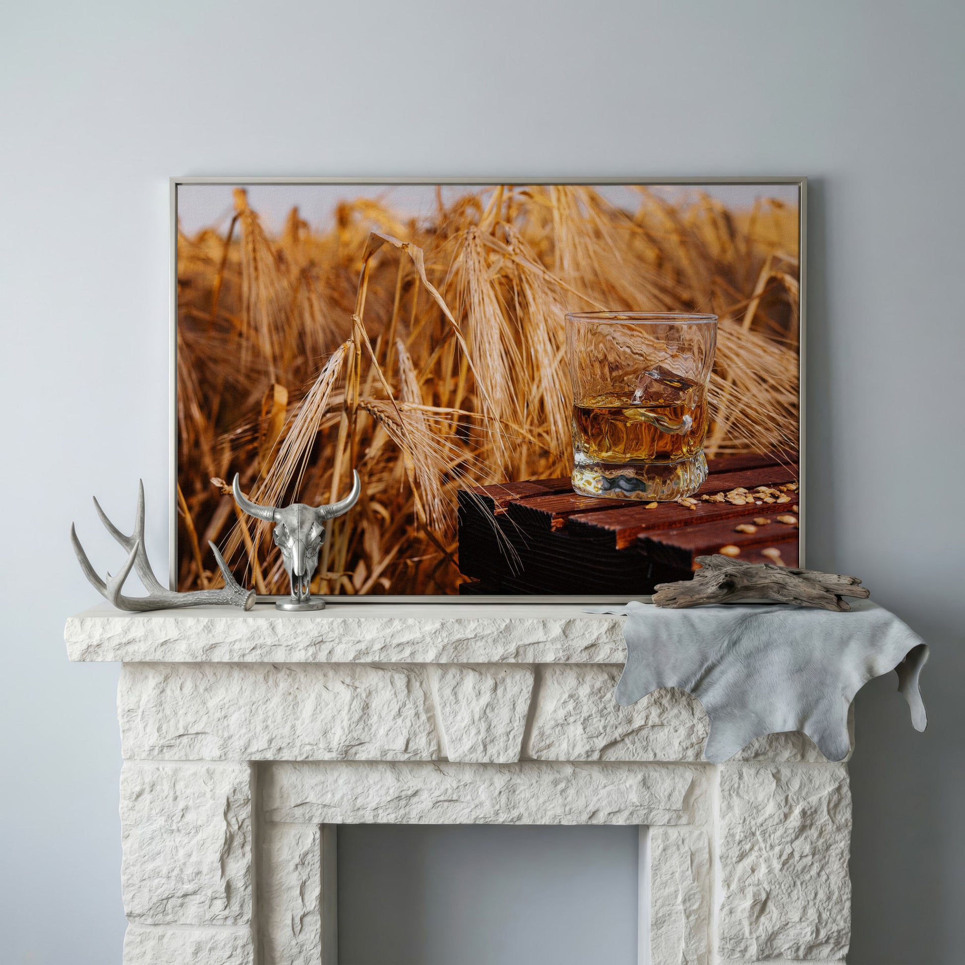 Golden Field with Whiskey Glass Canvas in silver floating frame