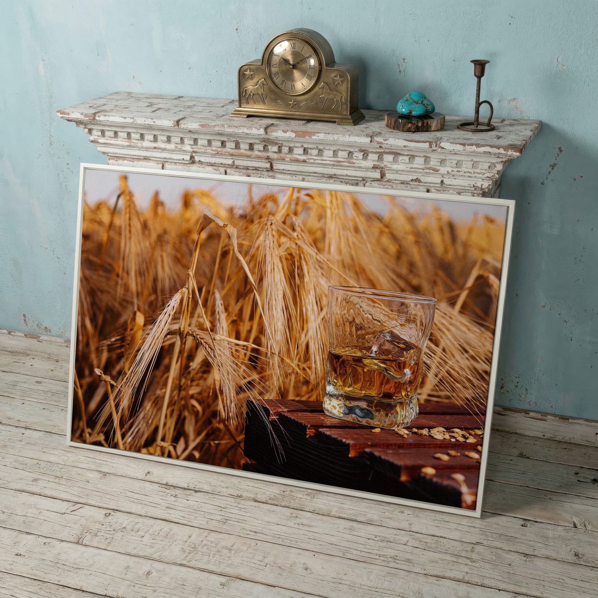 Golden Field with Whiskey Glass Canvas in white floating frame