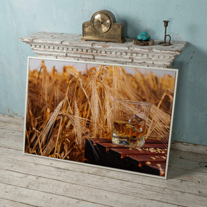Golden Field with Whiskey Glass Canvas in white floating frame