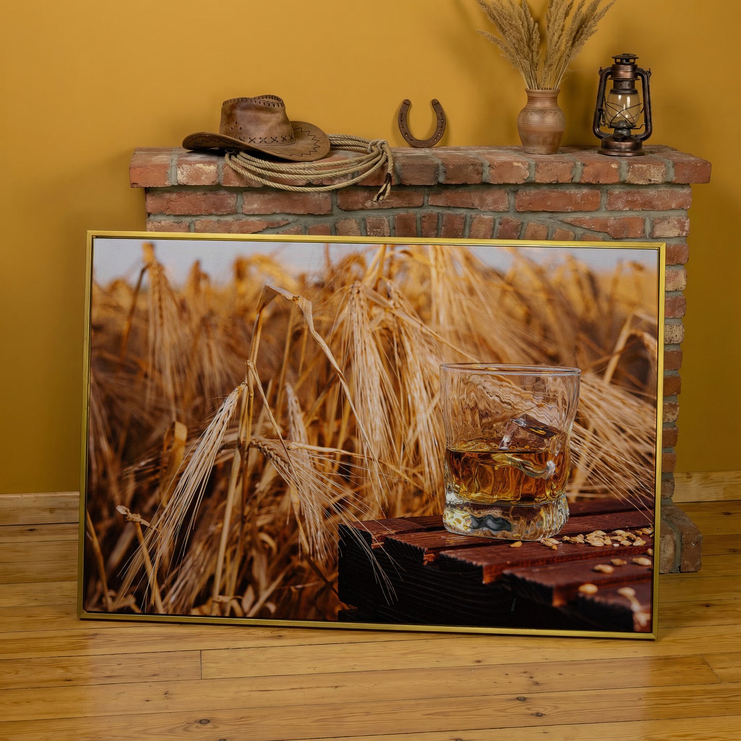 Golden Field with Whiskey Glass Canvas in yellow gold floating frame