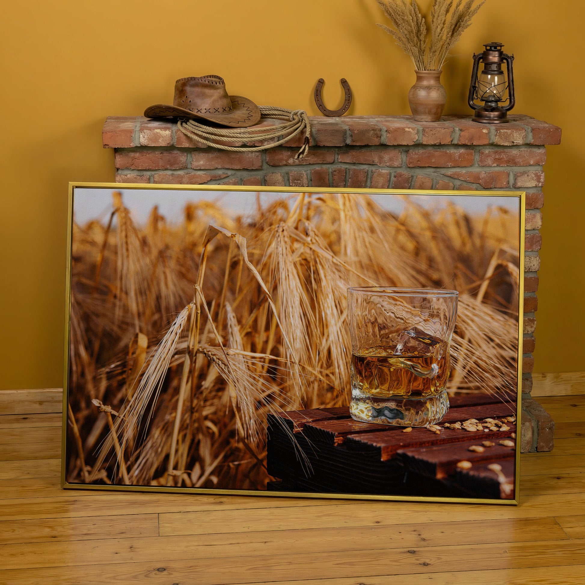 Golden Field with Whiskey Glass Canvas in yellow gold floating frame