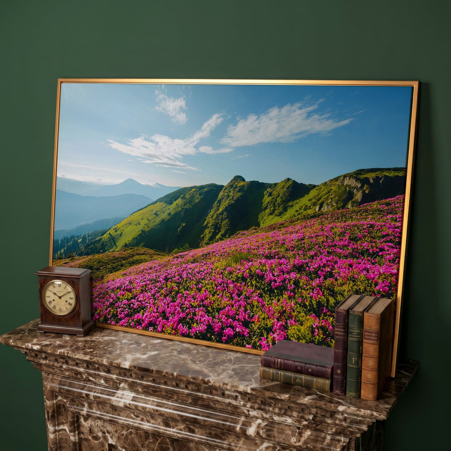 Pink Wildflowers on the Carpathian Mountainside Canvas in antique gold floating frame