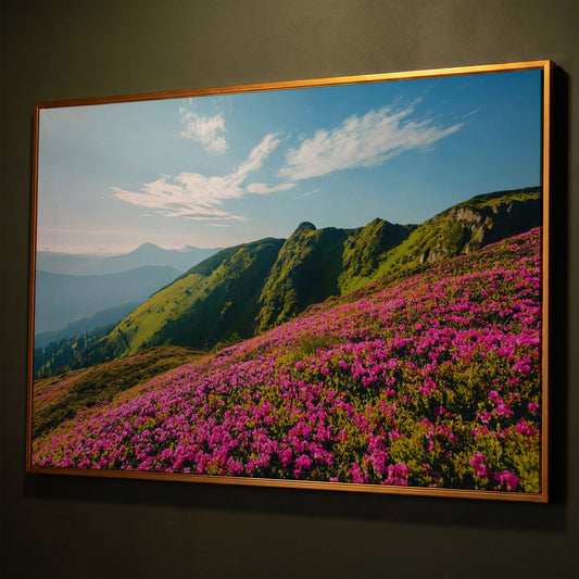 Pink Wildflowers on the Carpathian Mountainside Canvas shown in antique gold floating frame