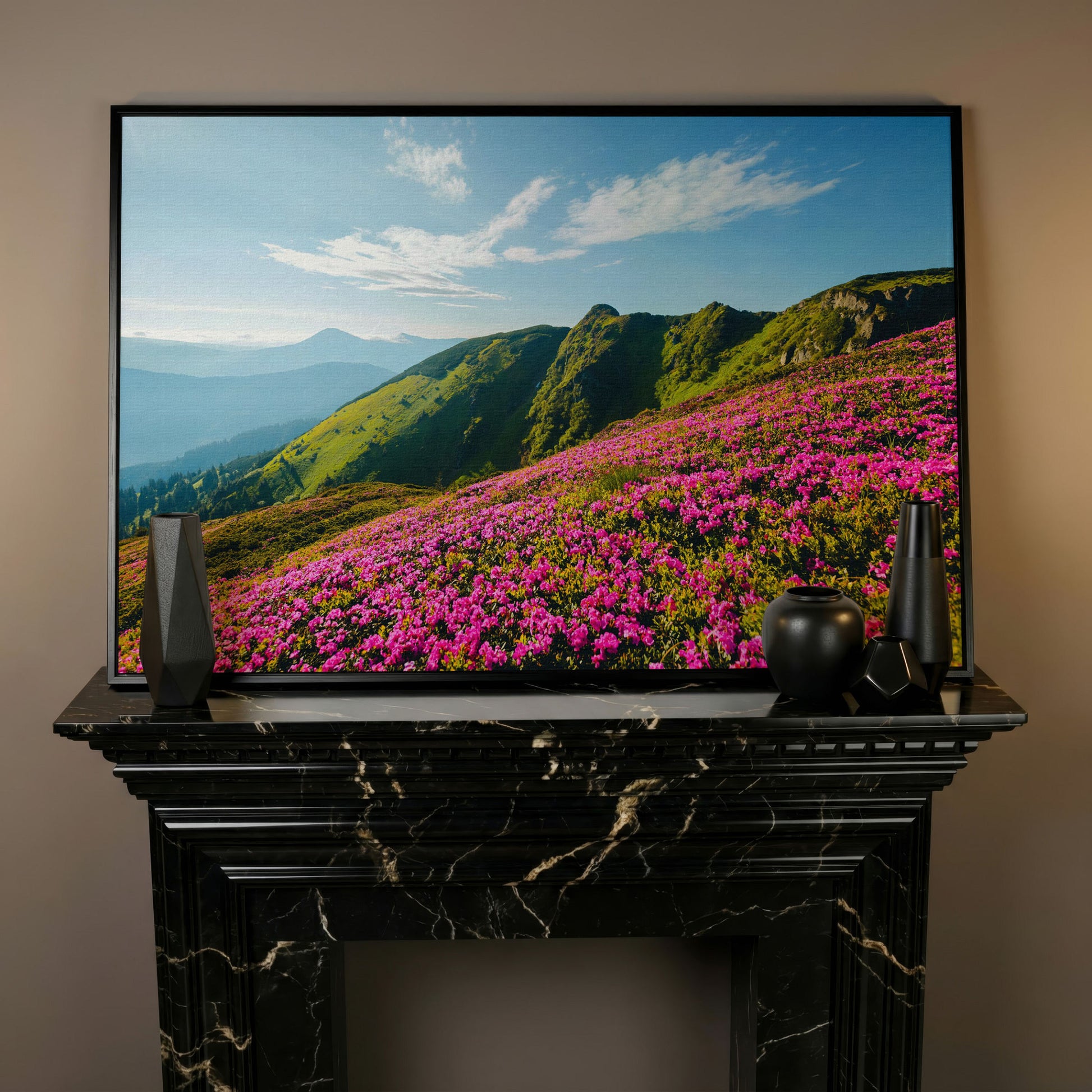 Pink Wildflowers on the Carpathian Mountainside Canvas in black floating frame