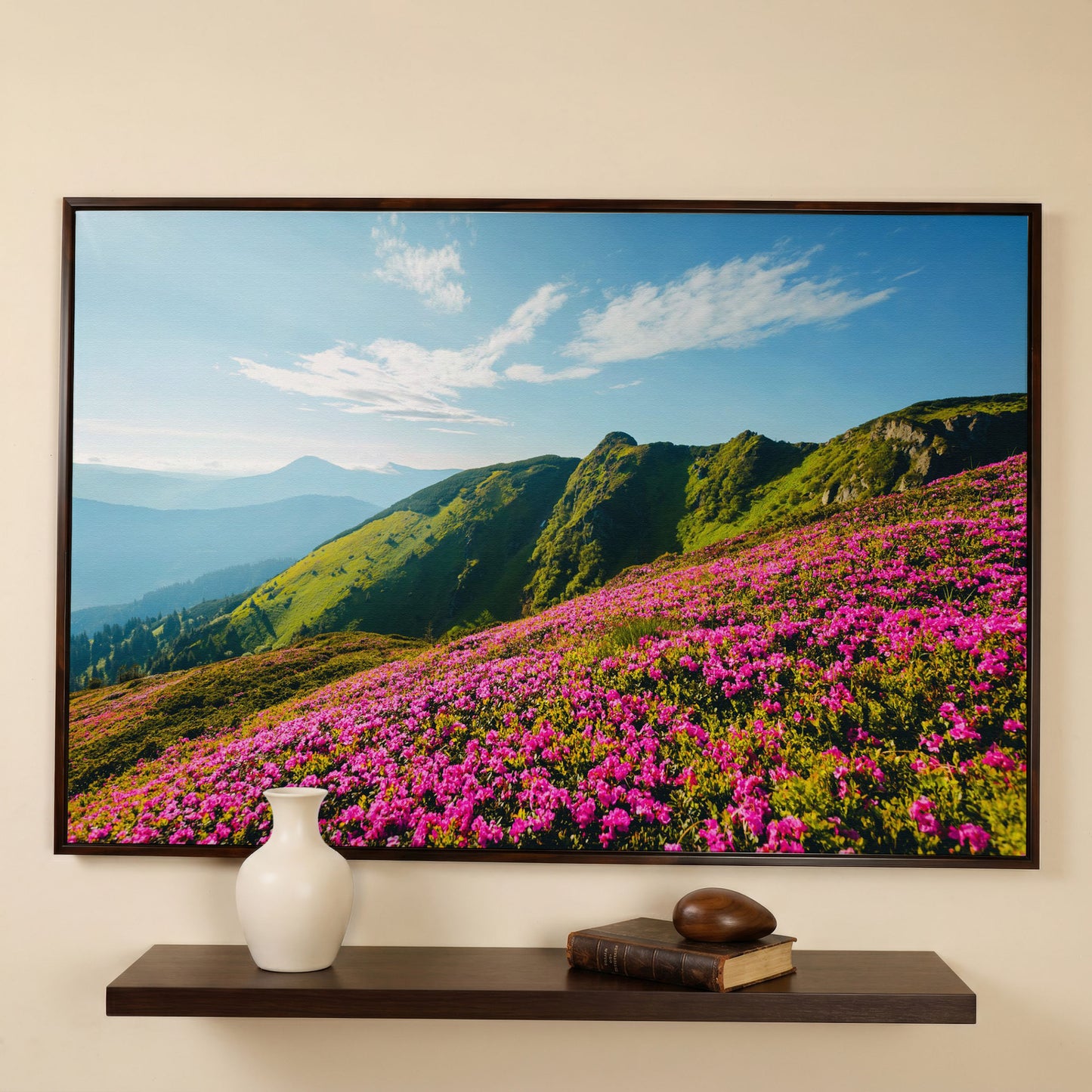 Pink Wildflowers on the Carpathian Mountainside Canvas in dark walnut floating frame
