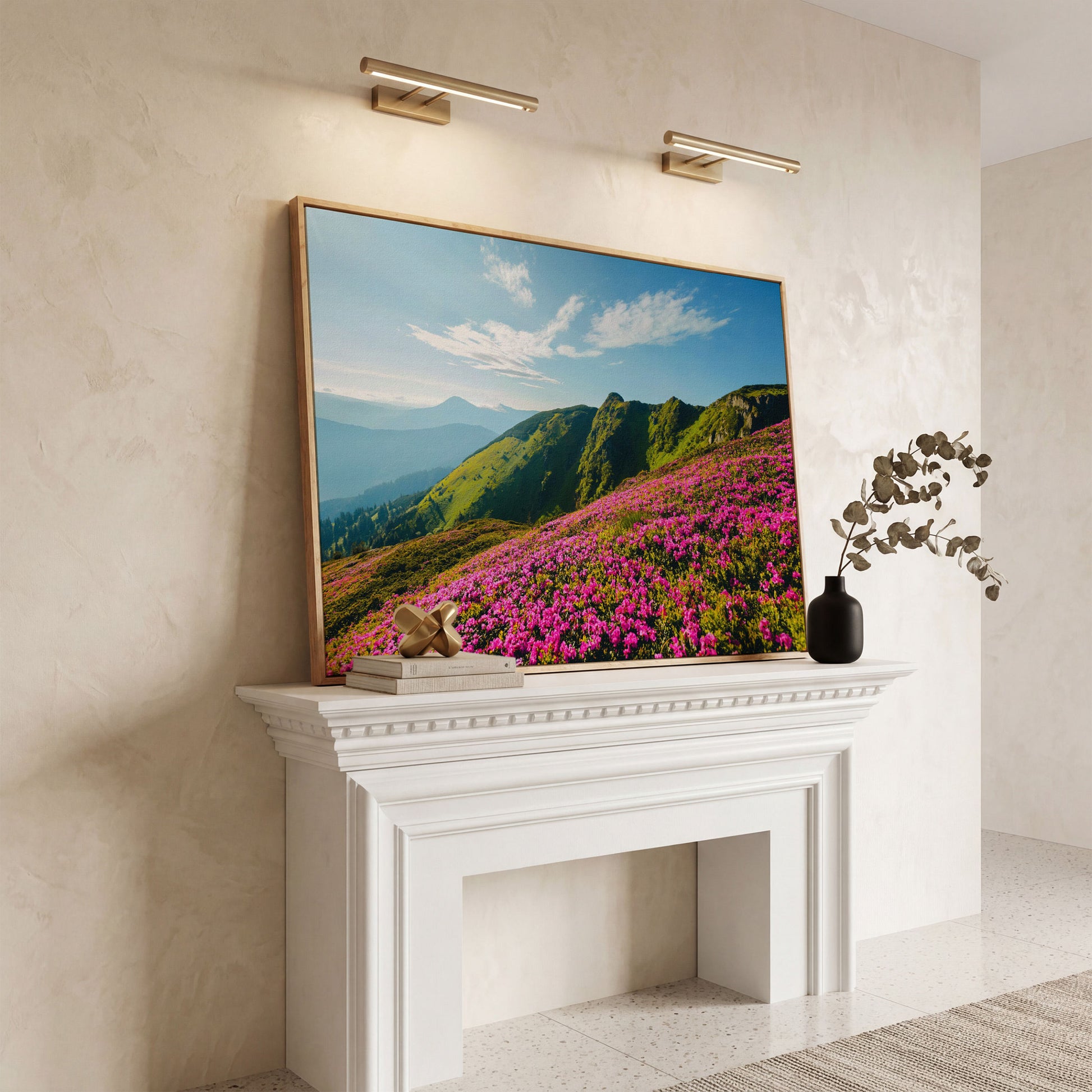 Pink Wildflowers on the Carpathian Mountainside Canvas in white oak floating frame
