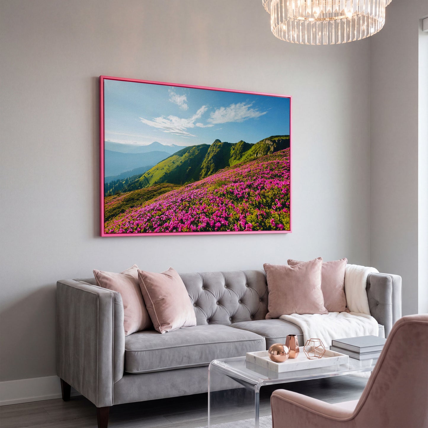 Pink Wildflowers on the Carpathian Mountainside Canvas in pink floating frame
