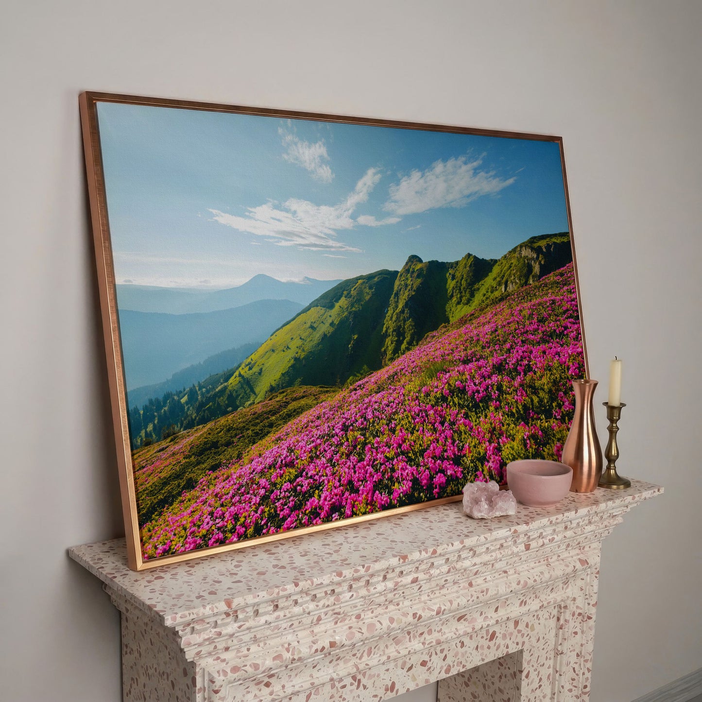 Pink Wildflowers on the Carpathian Mountainside Canvas in rose gold floating frame
