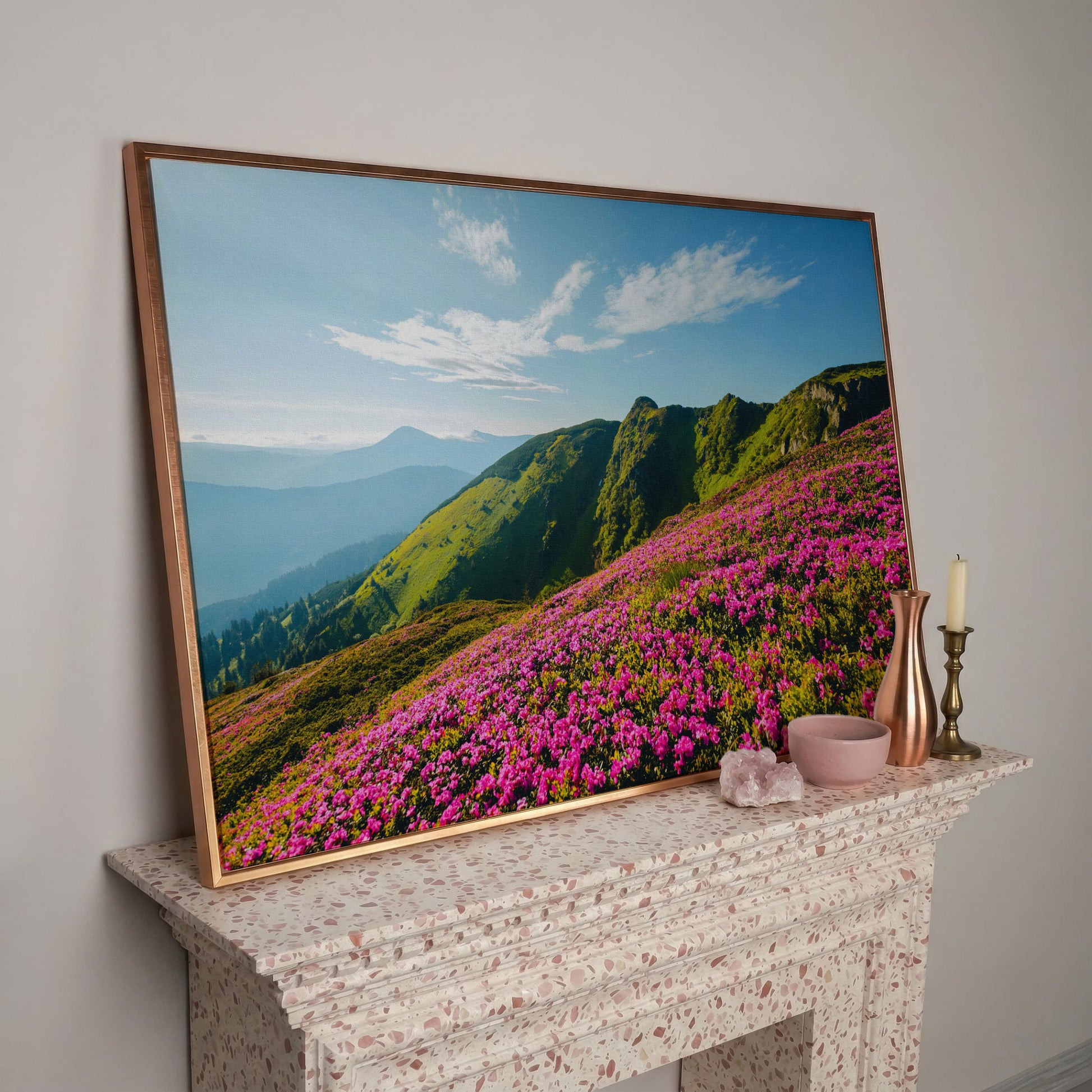 Pink Wildflowers on the Carpathian Mountainside Canvas in rose gold floating frame