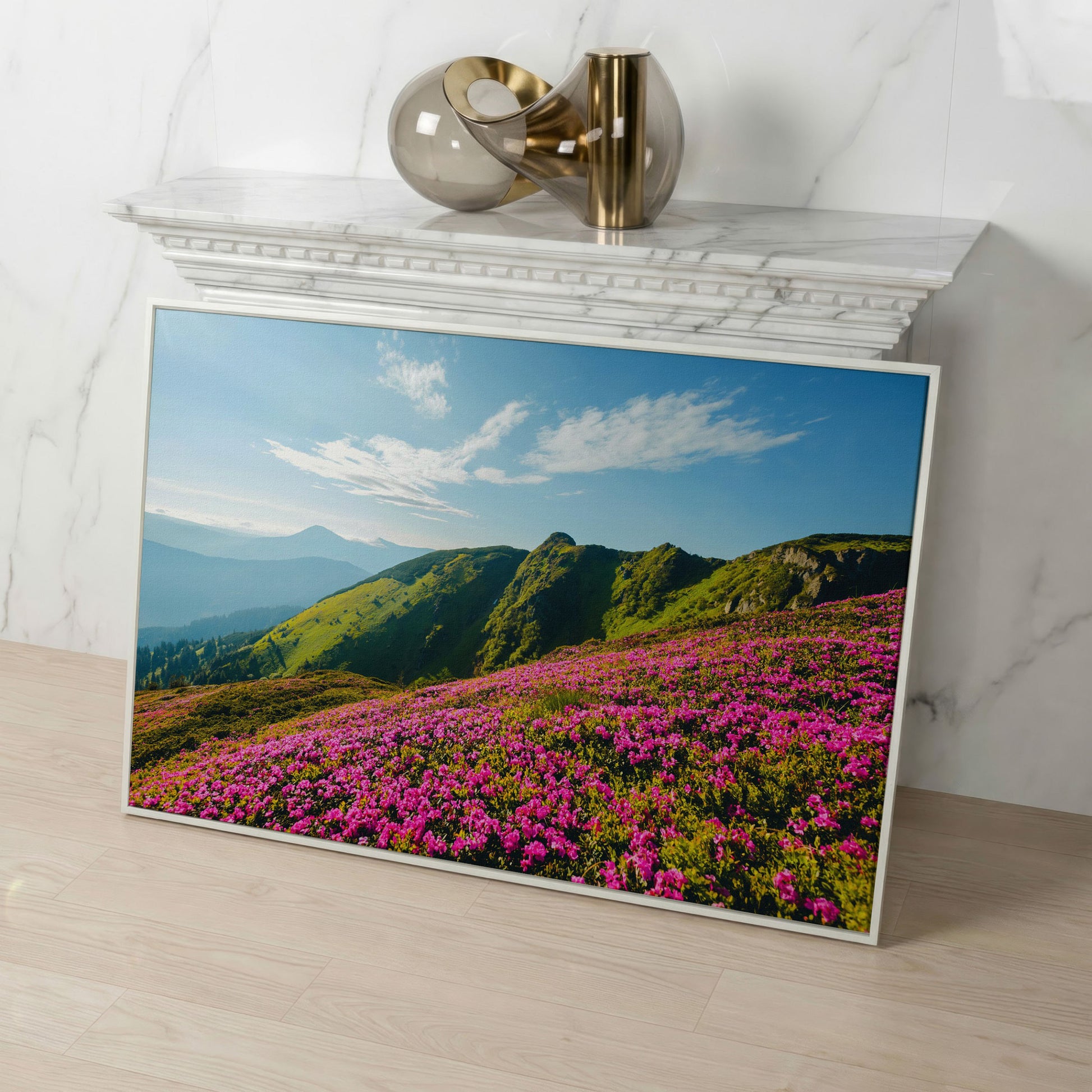 Pink Wildflowers on the Carpathian Mountainside Canvas in white floating frame