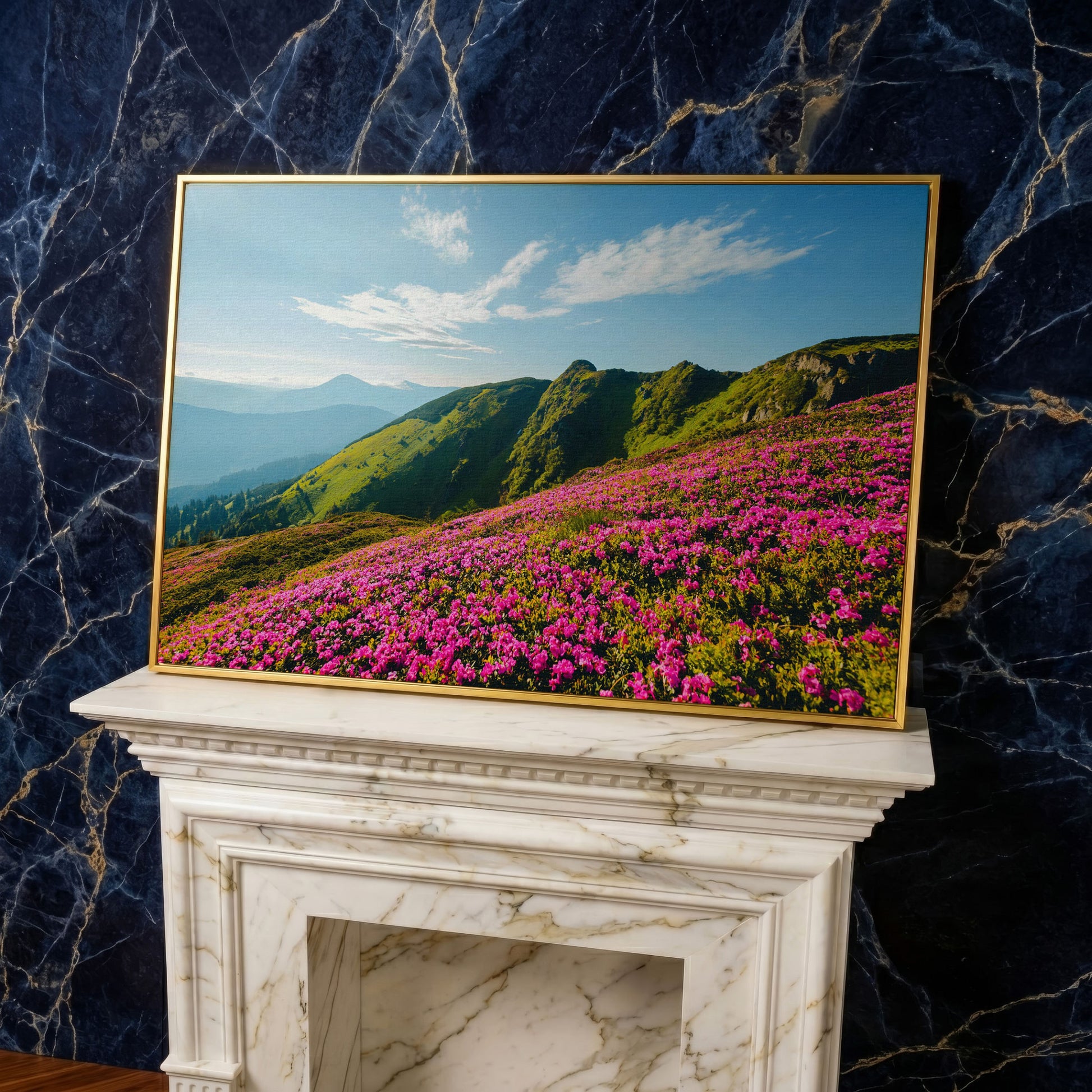 Pink Wildflowers on the Carpathian Mountainside Canvas in yellow gold floating frame