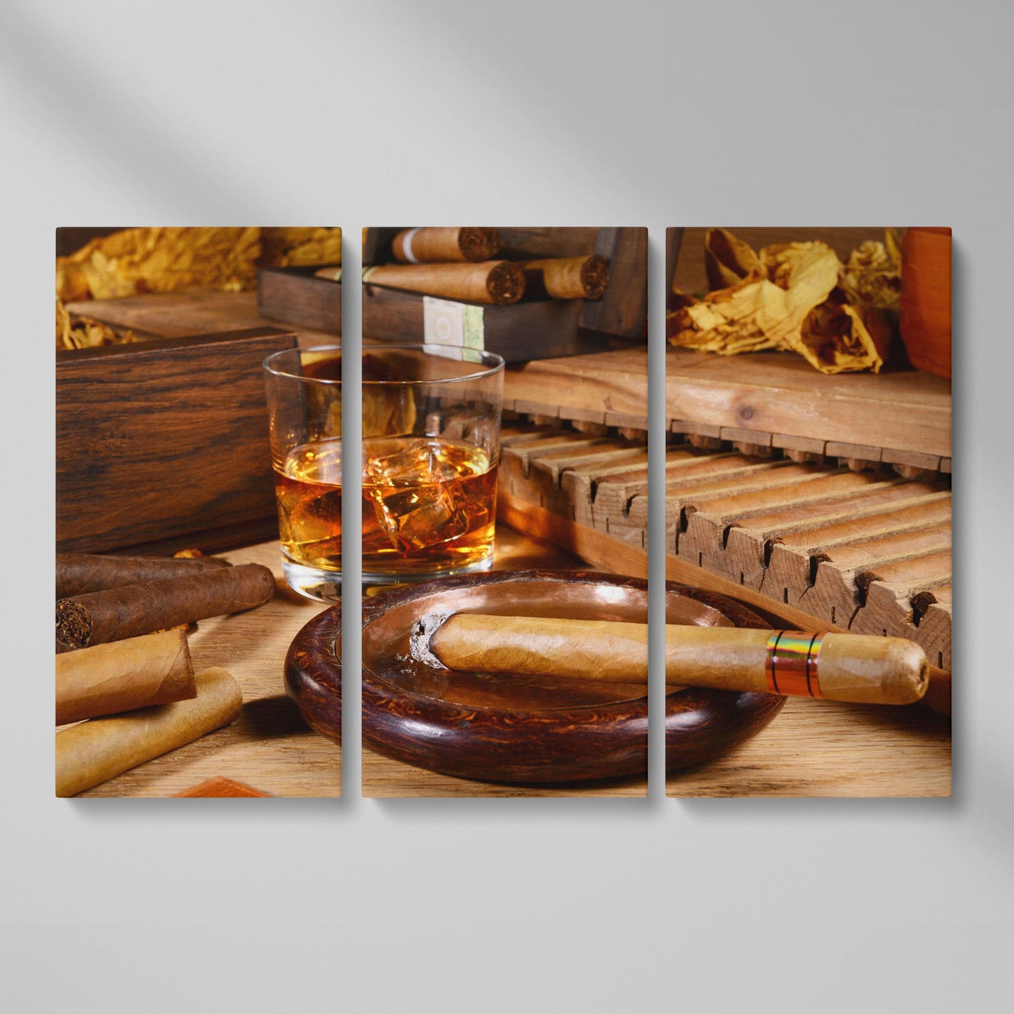 Whiskey & Cigar Canvas Print for Home Bar as 3-panel split version