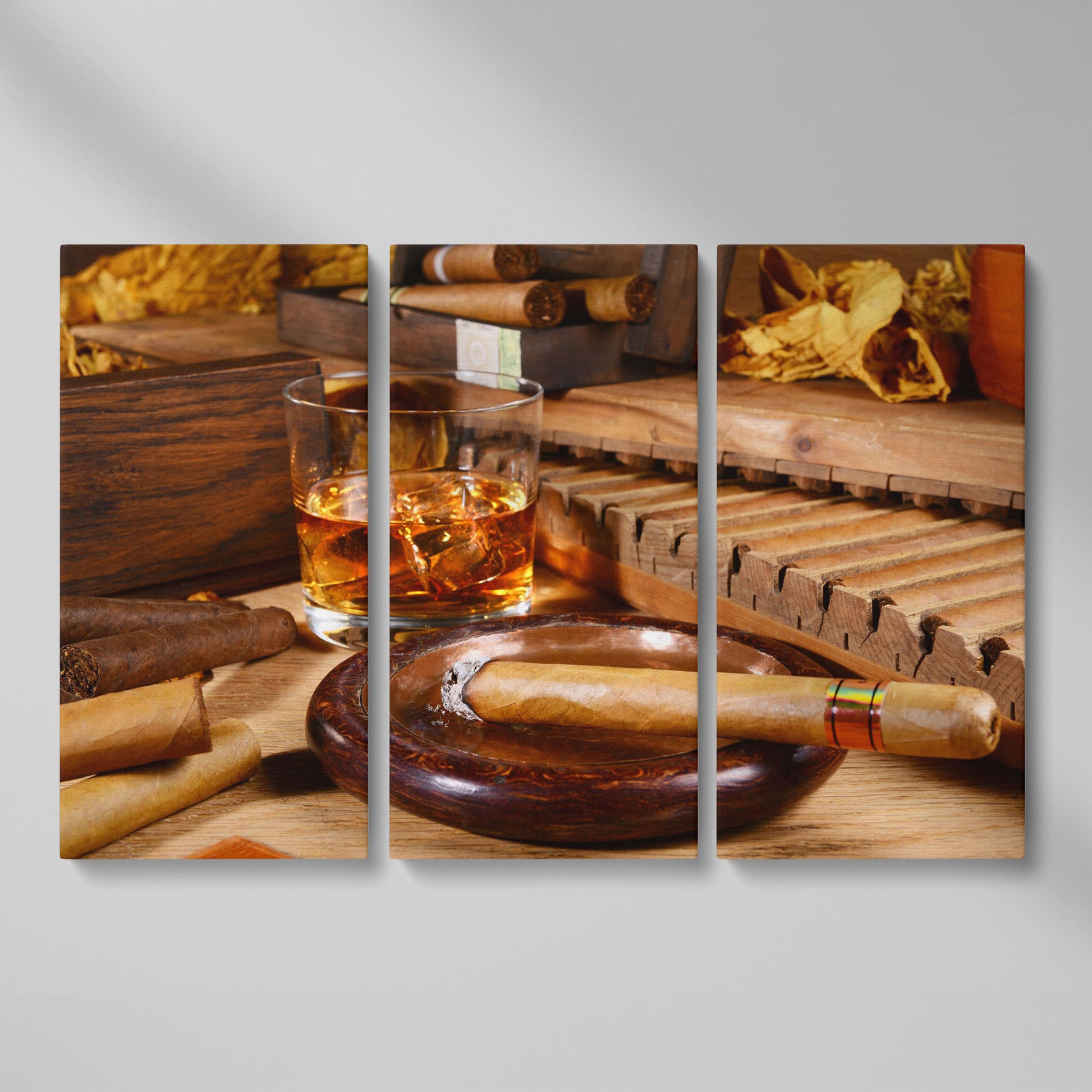 Whiskey & Cigar Canvas Print for Home Bar as 3-panel split version