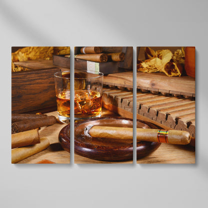 Whiskey & Cigar Canvas Print for Home Bar as 3-panel split version